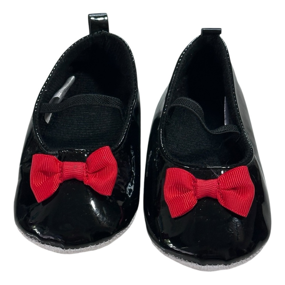 HB Baby Shoes Black Patent Look with Red Bow Size 12-18 Mos